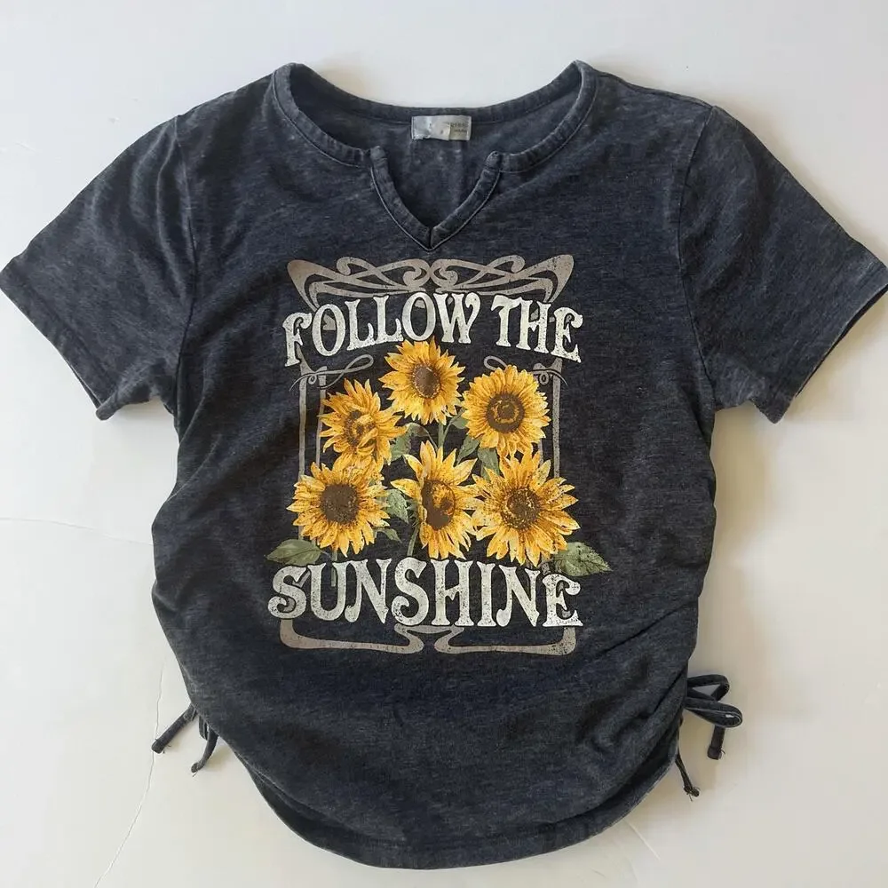 Modish Rebel T Shirt Girls M Gray Sunflower Follow The Sunshine Graphic Tee
